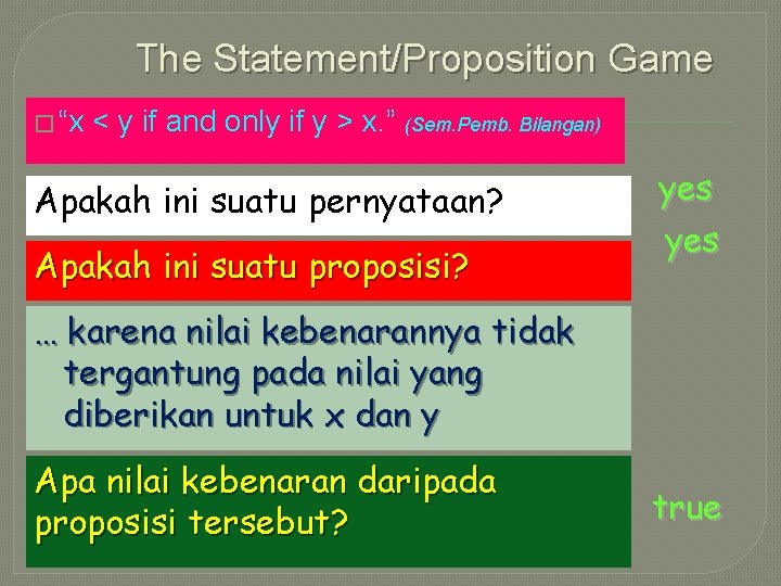 The Statement/Proposition Game � “x < y if and only if y > x.