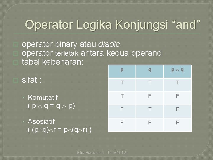 Operator Logika Konjungsi “and” � � operator binary atau diadic operator terletak antara kedua