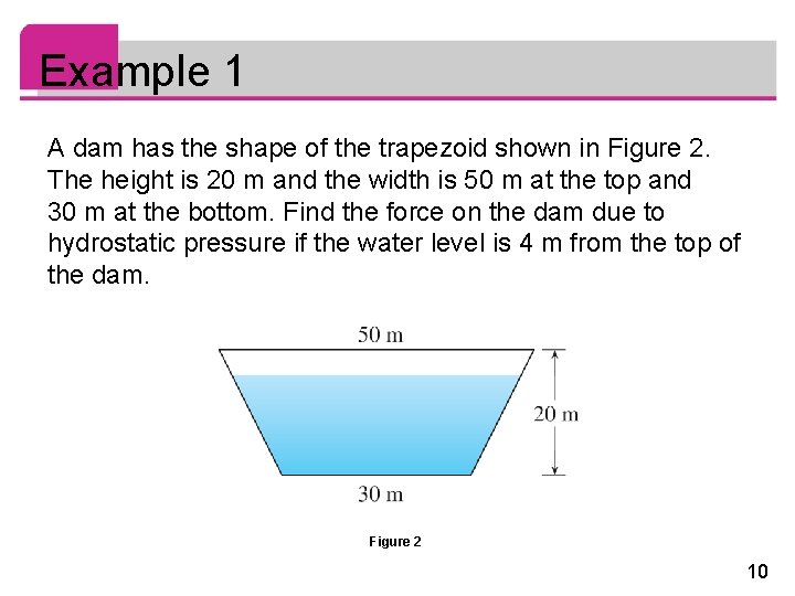 Example 1 A dam has the shape of the trapezoid shown in Figure 2.