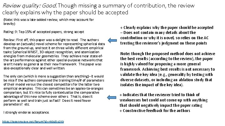 Review quality: Good. Though missing a summary of contribution, the review clearly explains why