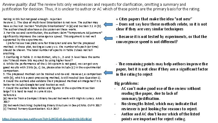 Review quality: Bad. The review lists only weaknesses and requests for clarification, omitting a