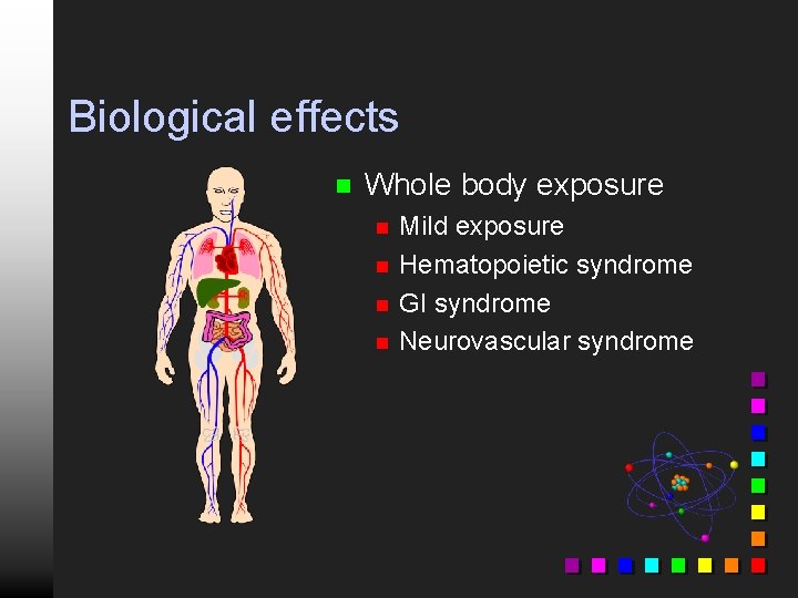 Biological effects n Whole body exposure n n Mild exposure Hematopoietic syndrome GI syndrome