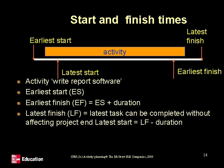 Start and finish times Latest finish Earliest start activity Earliest finish Latest start Activity
