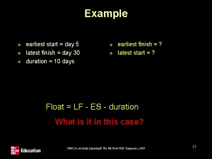 Example earliest start = day 5 latest finish = day 30 duration = 10