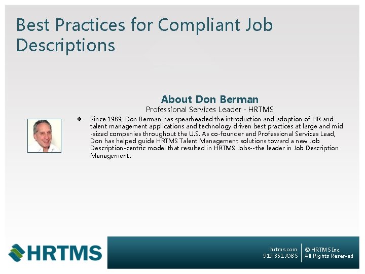 Best Practices for Compliant Job Descriptions About Don Berman Professional Services Leader - HRTMS