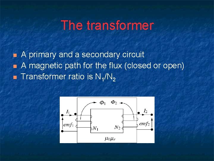 The transformer n n n A primary and a secondary circuit A magnetic path