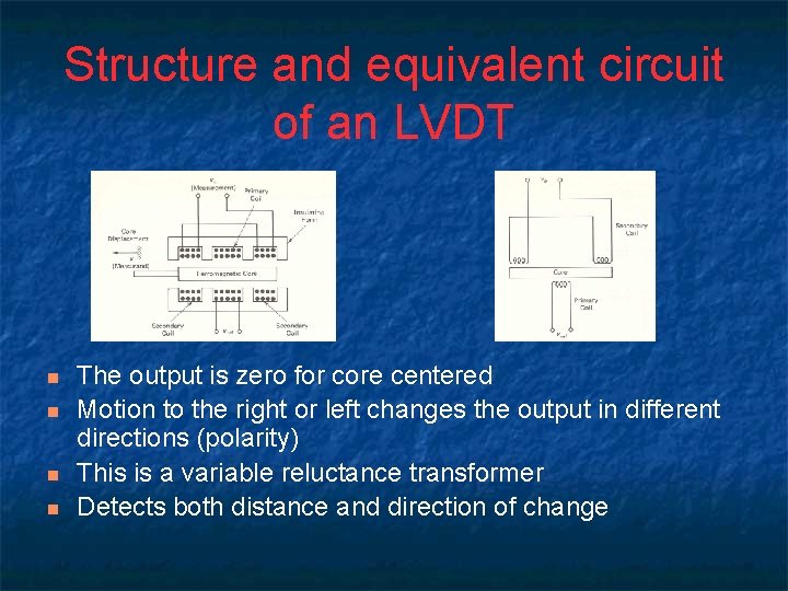 Structure and equivalent circuit of an LVDT n n The output is zero for