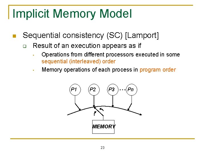 Implicit Memory Model n Sequential consistency (SC) [Lamport] q Result of an execution appears