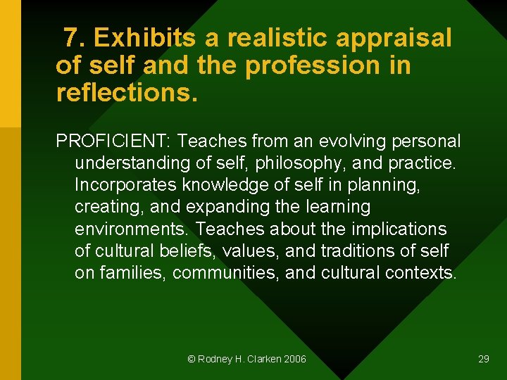 7. Exhibits a realistic appraisal of self and the profession in reflections. PROFICIENT: Teaches