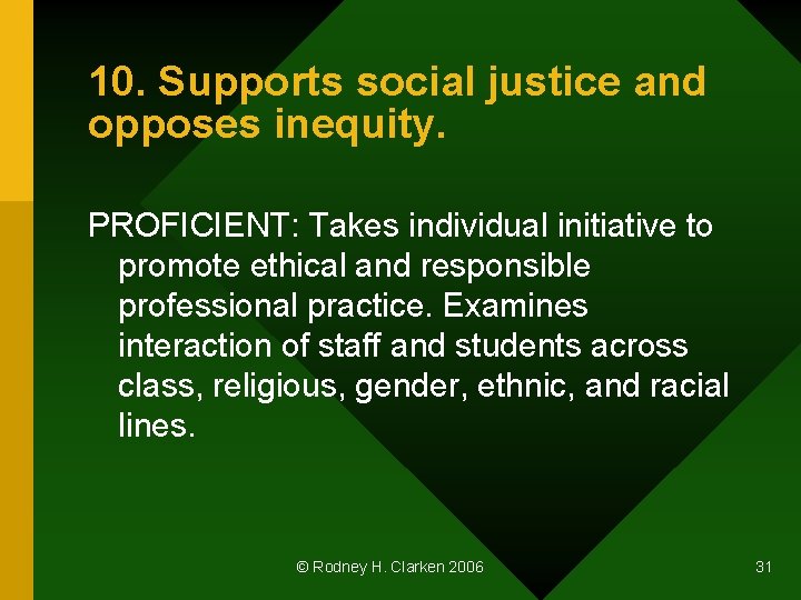 10. Supports social justice and opposes inequity. PROFICIENT: Takes individual initiative to promote ethical