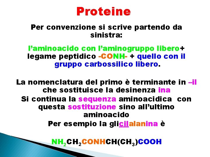 Proteine Per convenzione si scrive partendo da sinistra: l’aminoacido con l’aminogruppo libero+ legame peptidico