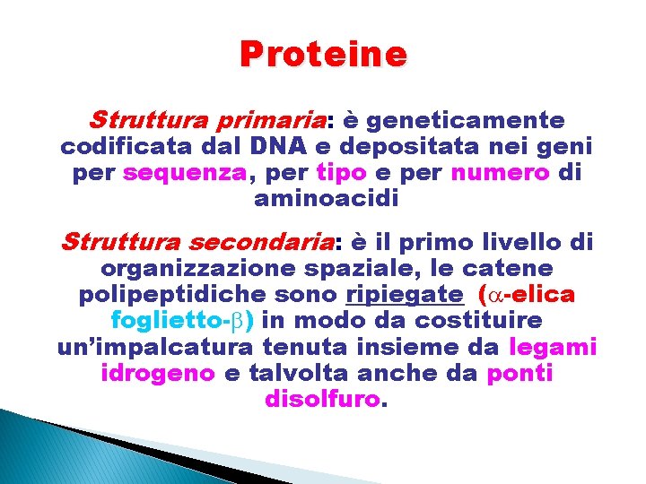 Proteine Struttura primaria: è geneticamente codificata dal DNA e depositata nei geni per sequenza,