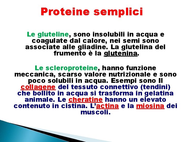 Proteine semplici Le gluteline, sono insolubili in acqua e coagulate dal calore, nei semi