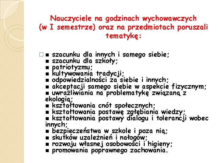 Nauczyciele na godzinach wychowawczych (w I semestrze) oraz na przedmiotach poruszali tematykę: szacunku dla