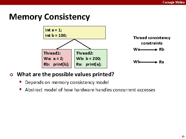 Carnegie Mellon Memory Consistency int a = 1; int b = 100; Thread 1: