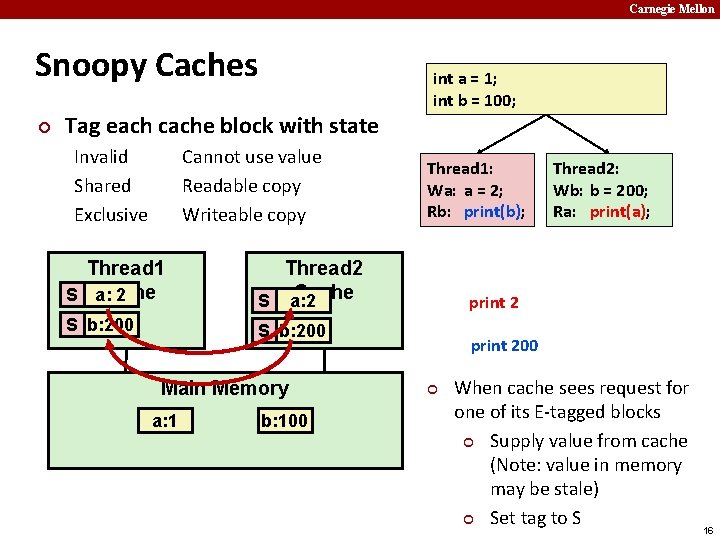 Carnegie Mellon Snoopy Caches ¢ Tag each cache block with state Invalid Shared Exclusive