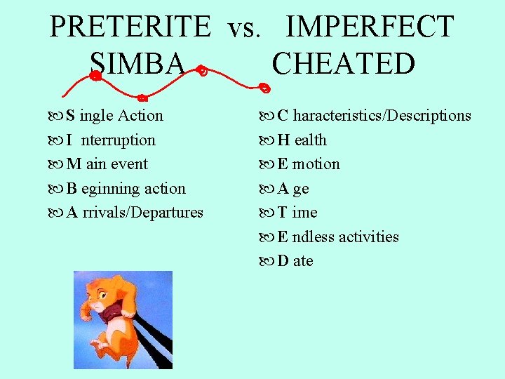 PRETERITE vs. IMPERFECT SIMBA CHEATED S ingle Action I nterruption M ain event B