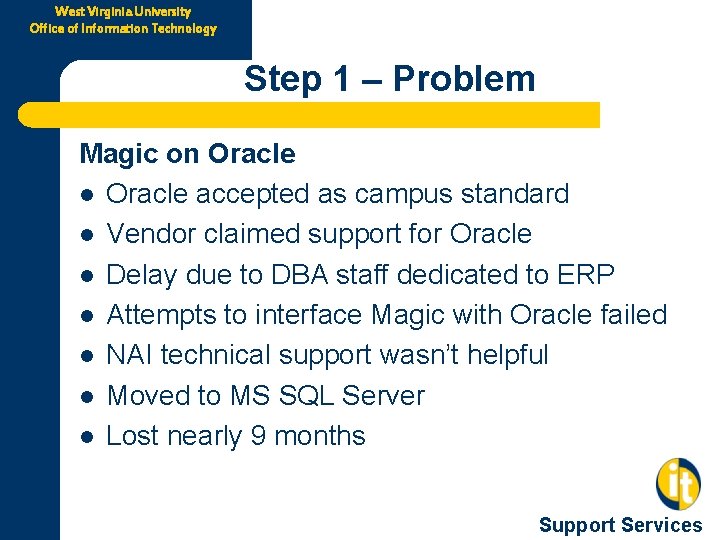 West Virginia University Office of Information Technology Step 1 – Problem Magic on Oracle