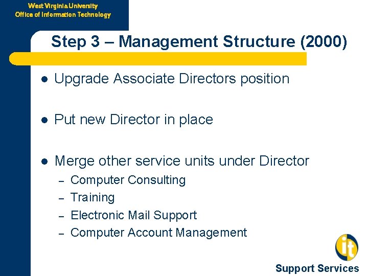 West Virginia University Office of Information Technology Step 3 – Management Structure (2000) l