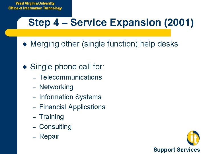 West Virginia University Office of Information Technology Step 4 – Service Expansion (2001) l