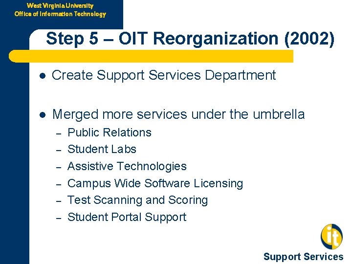 West Virginia University Office of Information Technology Step 5 – OIT Reorganization (2002) l