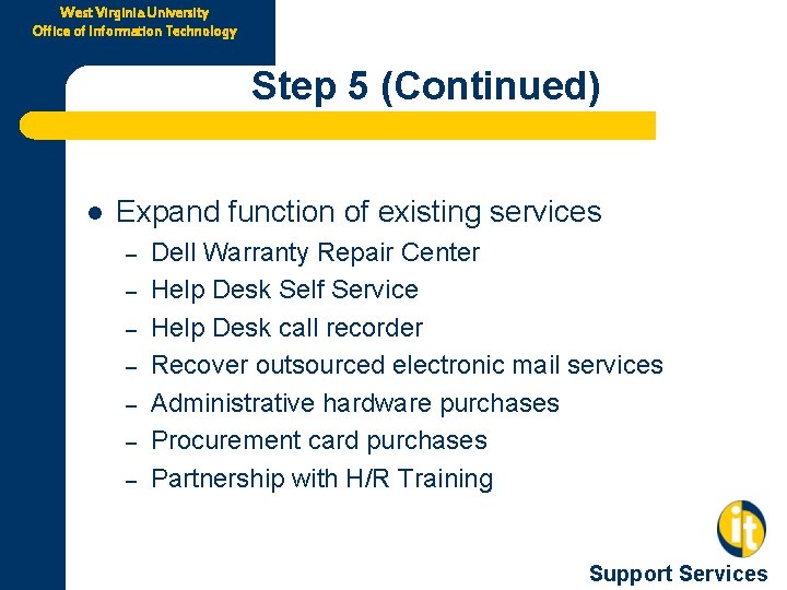 West Virginia University Office of Information Technology Step 5 (Continued) l Expand function of