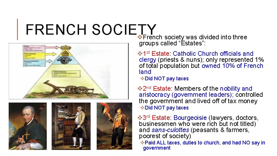 FRENCH SOCIETY v. French society was divided into three groups called “Estates”: v 1