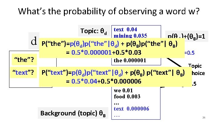 What’s the probability of observing a word w? d “the”? “text”? Topic: d text