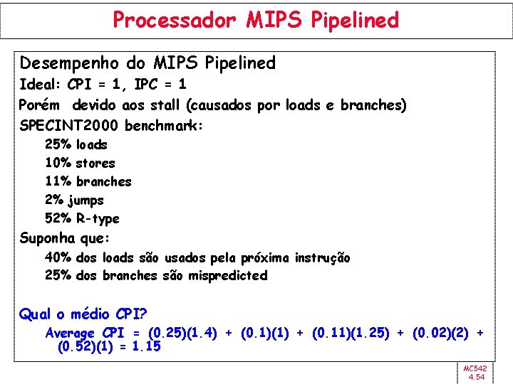 Processador MIPS Pipelined Desempenho do MIPS Pipelined Ideal: CPI = 1, IPC = 1