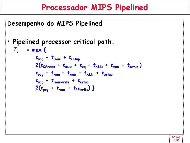 Processador MIPS Pipelined Desempenho do MIPS Pipelined • Pipelined processor critical path: Tc =