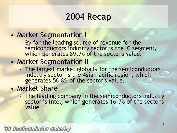 2004 Recap • Market Segmentation I – By far the leading source of revenue