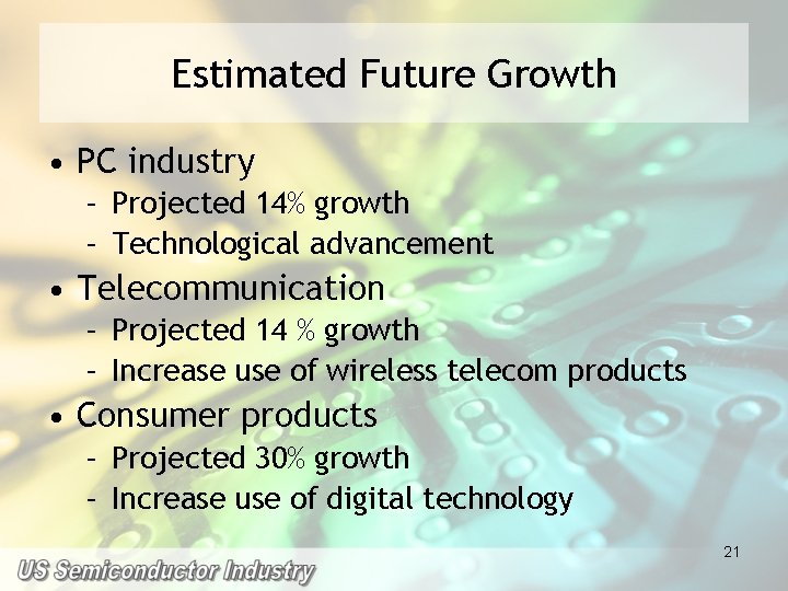 Estimated Future Growth • PC industry – Projected 14% growth – Technological advancement •