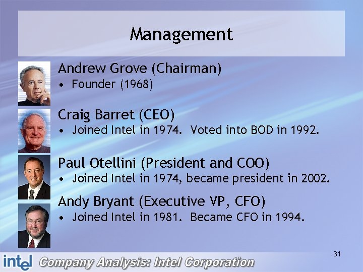 Management Andrew Grove (Chairman) • Founder (1968) Craig Barret (CEO) • Joined Intel in