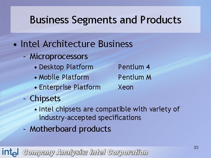 Business Segments and Products • Intel Architecture Business – Microprocessors • Desktop Platform •