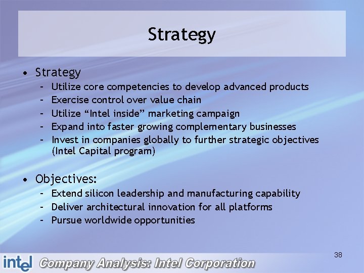 Strategy • Strategy – – – Utilize core competencies to develop advanced products Exercise