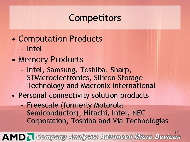 Competitors • Computation Products – Intel • Memory Products – Intel, Samsung, Toshiba, Sharp,