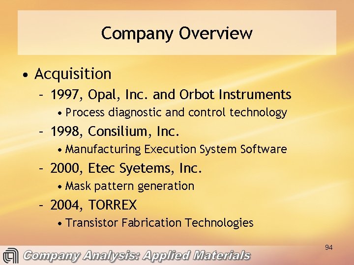 Company Overview • Acquisition – 1997, Opal, Inc. and Orbot Instruments • Process diagnostic