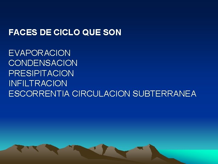 FACES DE CICLO QUE SON EVAPORACION CONDENSACION PRESIPITACION INFILTRACION ESCORRENTIA CIRCULACION SUBTERRANEA 