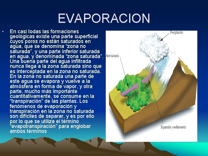EVAPORACION • En casi todas las formaciones geológicas existe una parte superficial cuyos poros