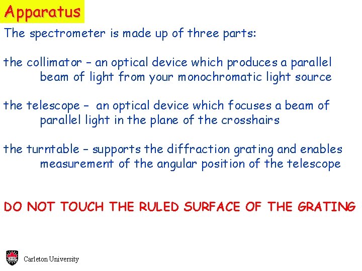 Apparatus The spectrometer is made up of three parts: the collimator – an optical