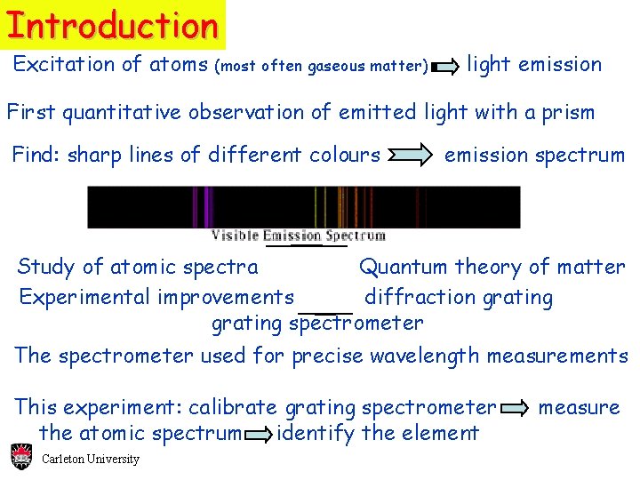 Introduction Excitation of atoms (most often gaseous matter) light emission First quantitative observation of Introduction Excitation of atoms (most often gaseous matter) light emission First quantitative observation of