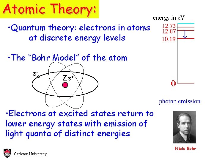 Atomic Theory: • Quantum theory: electrons in atoms at discrete energy levels • The