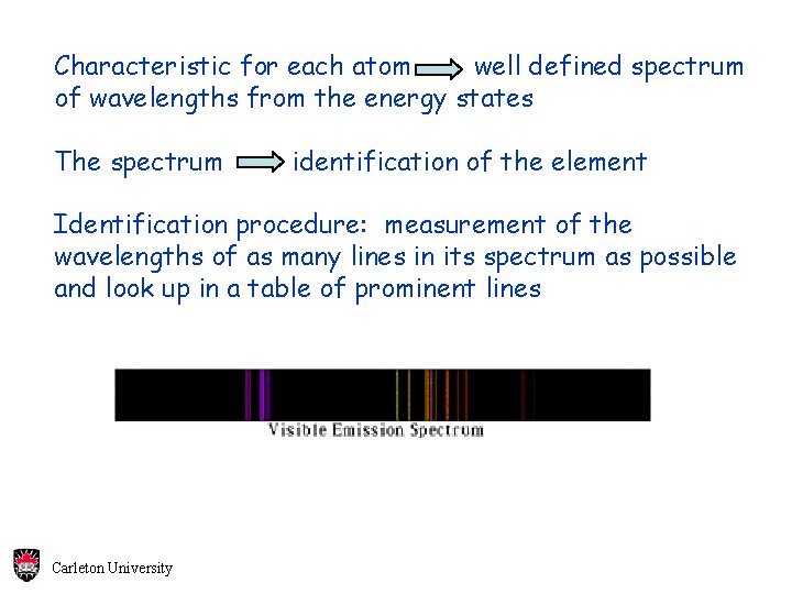 Characteristic for each atom well defined spectrum of wavelengths from the energy states The Characteristic for each atom well defined spectrum of wavelengths from the energy states The