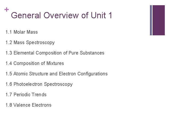 + General Overview of Unit 1 1. 1 Molar Mass 1. 2 Mass Spectroscopy