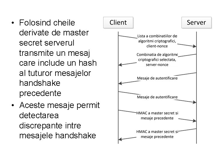  • Folosind cheile derivate de master secret serverul transmite un mesaj care include