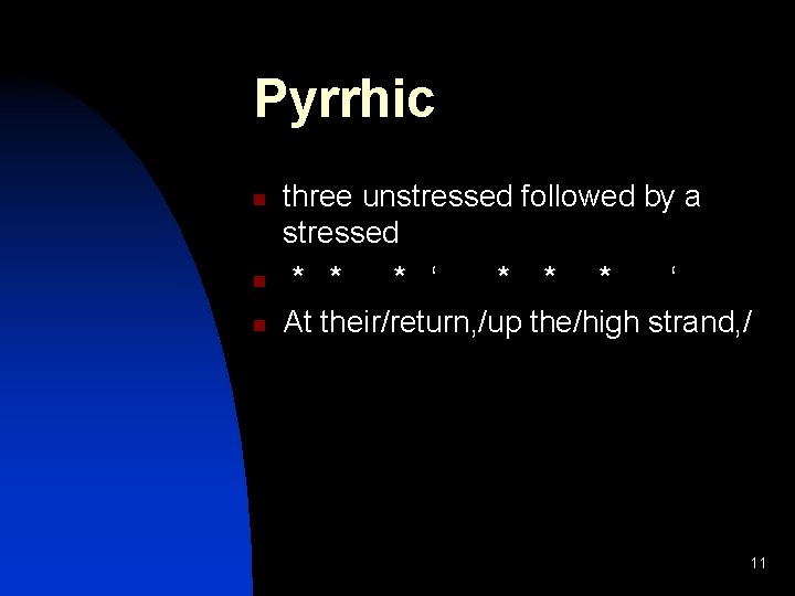 Pyrrhic n n n three unstressed followed by a stressed * * * ‘