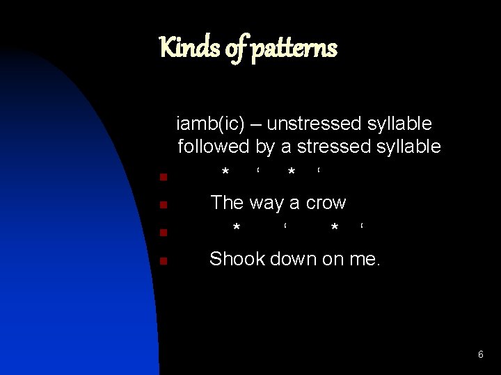 Kinds of patterns n n iamb(ic) – unstressed syllable followed by a stressed syllable