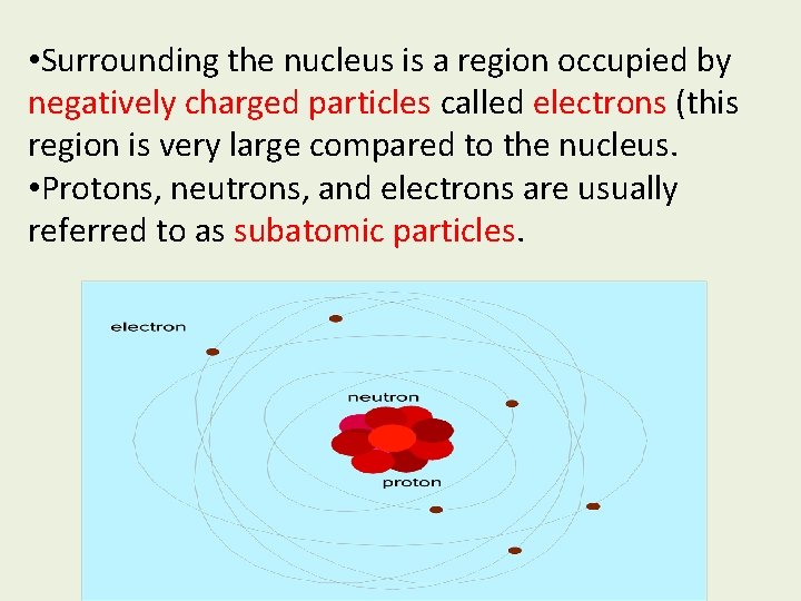  • Surrounding the nucleus is a region occupied by negatively charged particles called