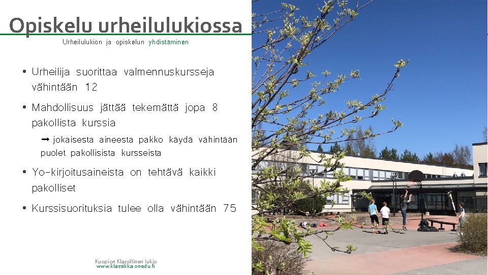 Opiskelu urheilulukiossa Urheilulukion ja opiskelun yhdistäminen Urheilija suorittaa valmennuskursseja vähintään 12 • Mahdollisuus jättää