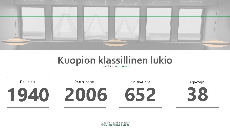 Kuopion klassillinen lukio Klassikka numeroina Perustettu Peruskorjattu Opiskelijoita 1940 2006 652 Kuopion Klassillinen lukio